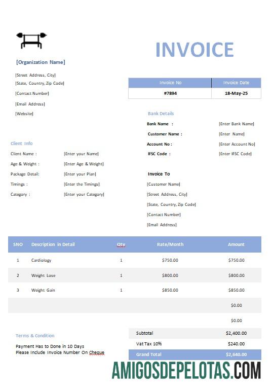 em branco Modelo de fatura de academia